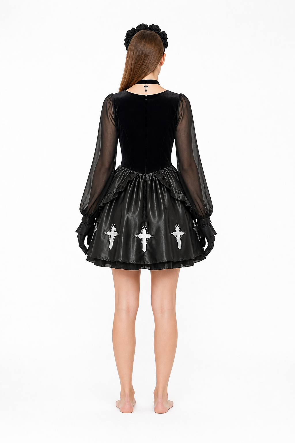 Gothic Halloween Dress with White Crosses and Gloves back view