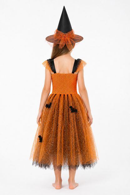 Halloween Witch Costume with Glitter and Spiderweb back view