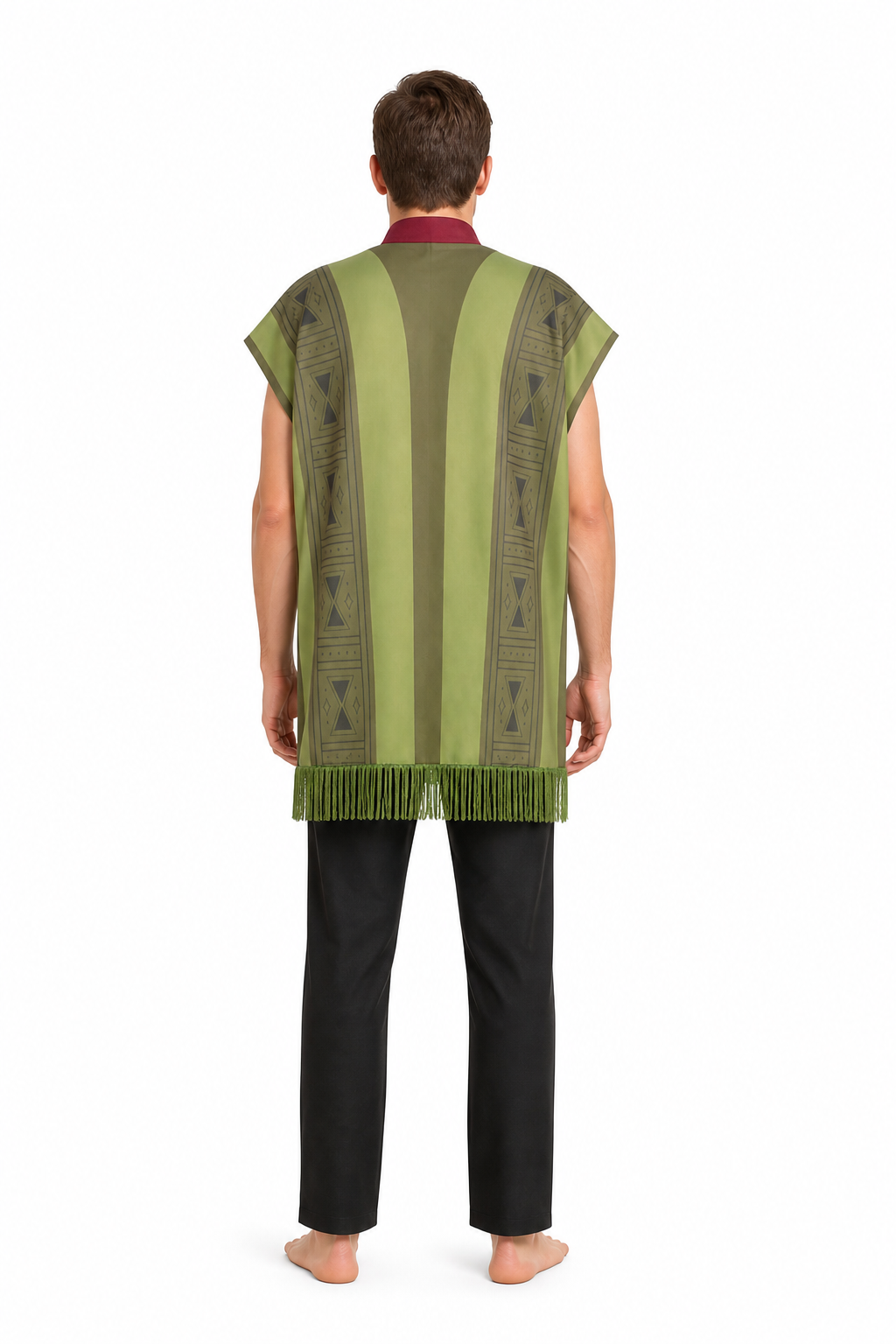 Cosplay costume with a sleeveless fringed tunic and pants back view