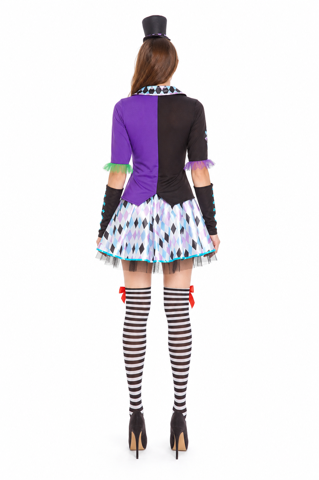 Clown Costume with a Full Skirt and Geometric Pattern back view