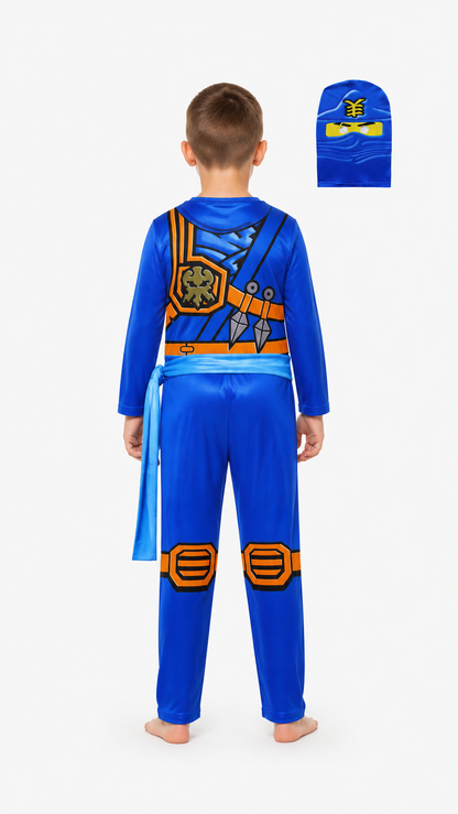 Blue Ninja Jumpsuit with Mask and Orange Belt back view
