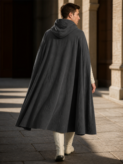 Adult Fantasy Hooded Cape, Long Dark Gray Cloak With Front Tie Closure, Wide back view 4