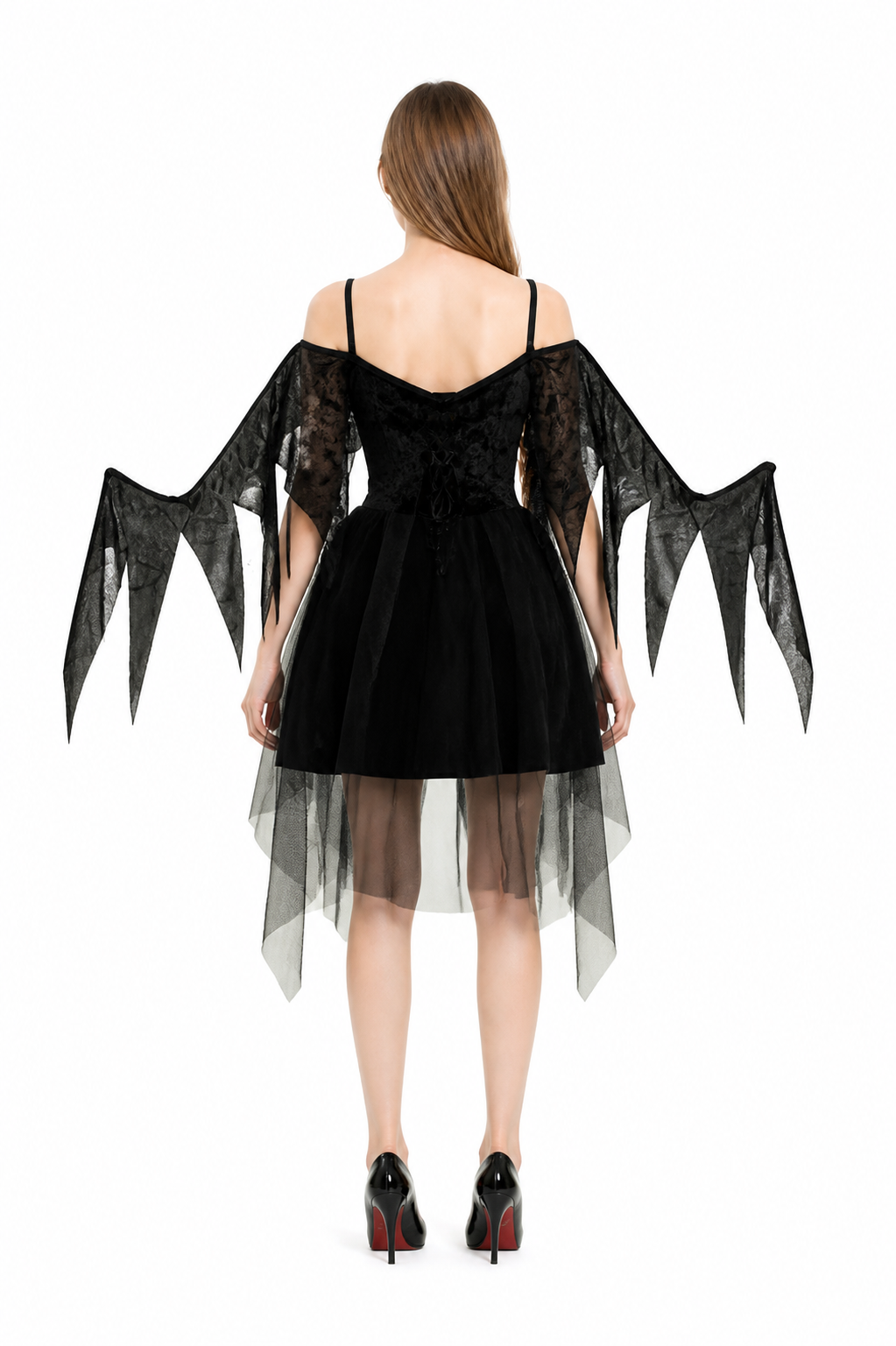 Black Dress with Wings and an Asymmetrical Hem back view