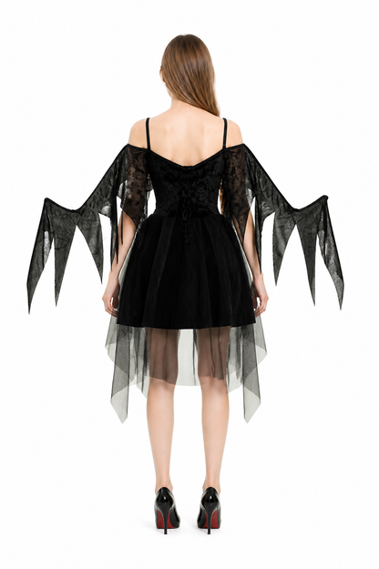 Black Dress with Wings and an Asymmetrical Hem back view