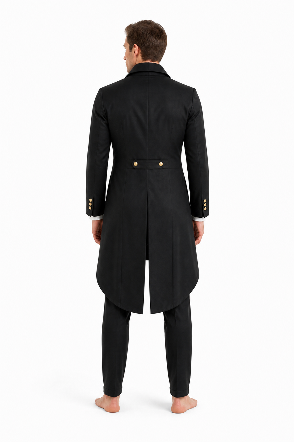 Black Gothic Victorian Tailcoat with Gold Buttons back view