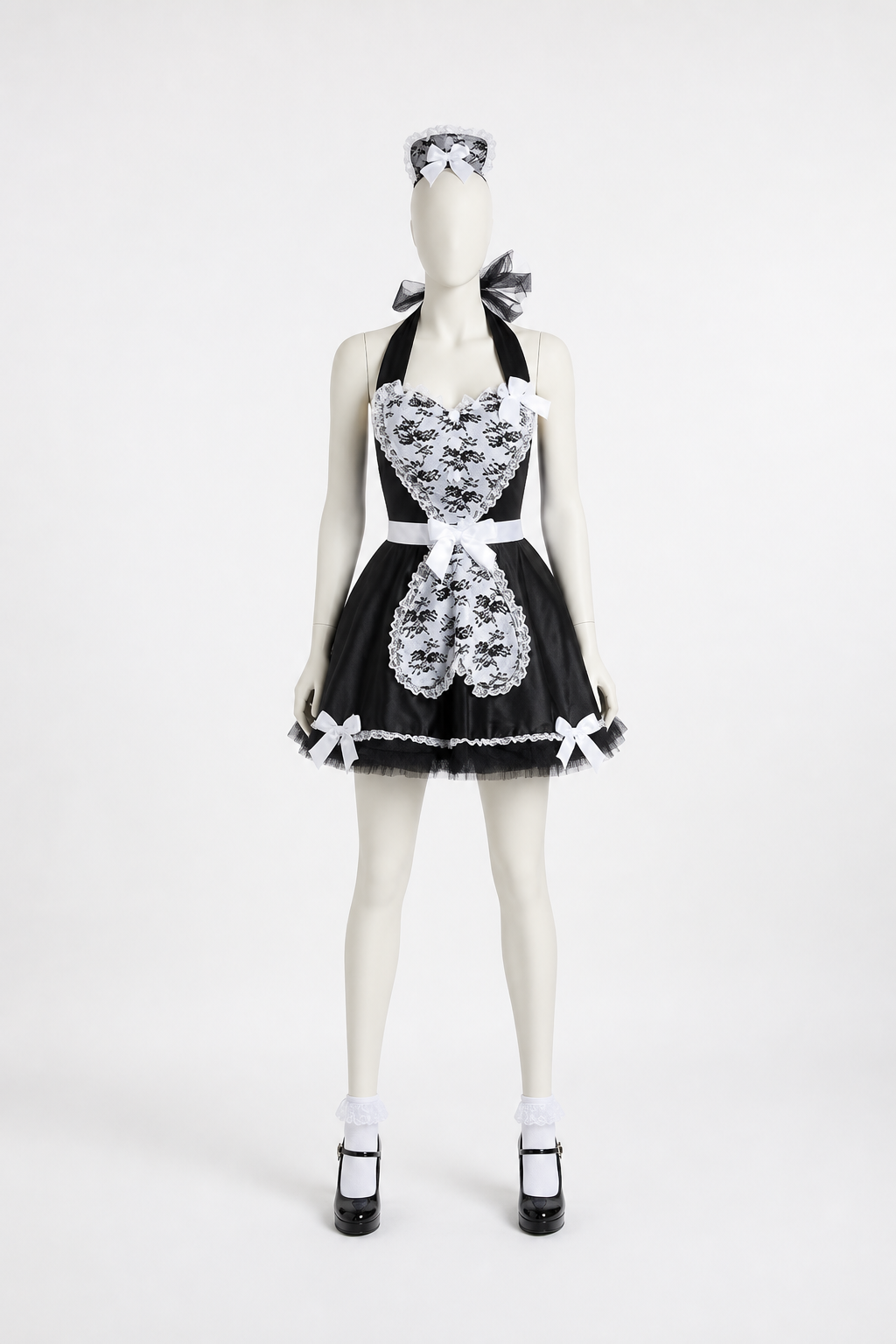 Black-and-White Dress Costume with Apron and Bows back view