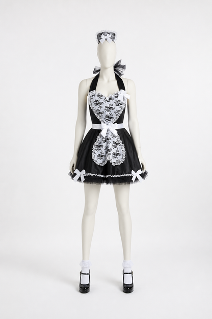 Black-and-White Dress Costume with Apron and Bows back view