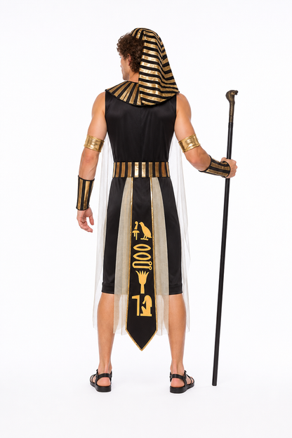 Egyptian Pharaoh Costume with Nemes Headdress and Gold Trim back view