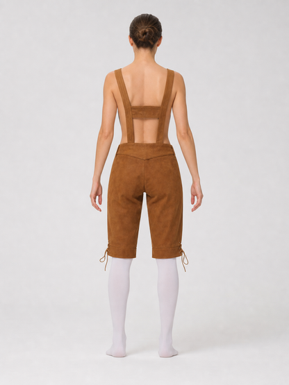 Brown folk role-play clothing designed as short shorts with a bib panel connected to shoulder suspenders and extending to the waistline. The outfit features an ethnic style and several front pockets, including pockets on the bib and shorts.