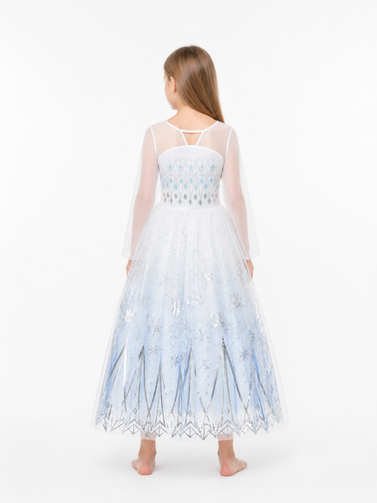 Children’s Elsa Dress with Snowflakes and Long Sleeves back view