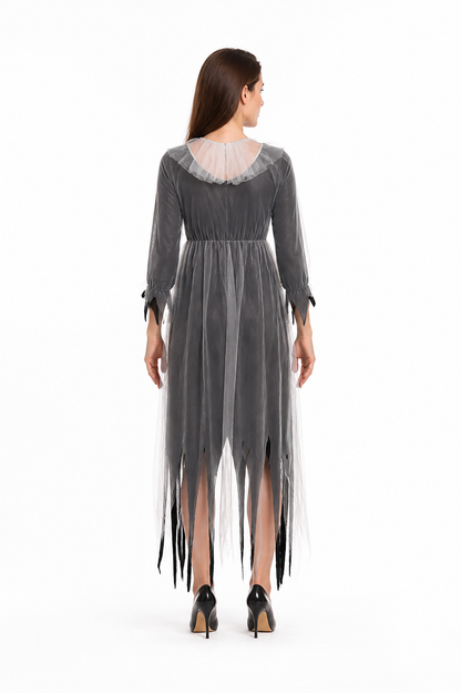 Ghost Bride Dress, Gray and Black, Long, Ragged Hem back view