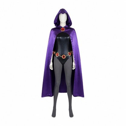 Raven Costume with Purple Cape and Jumpsuit back view