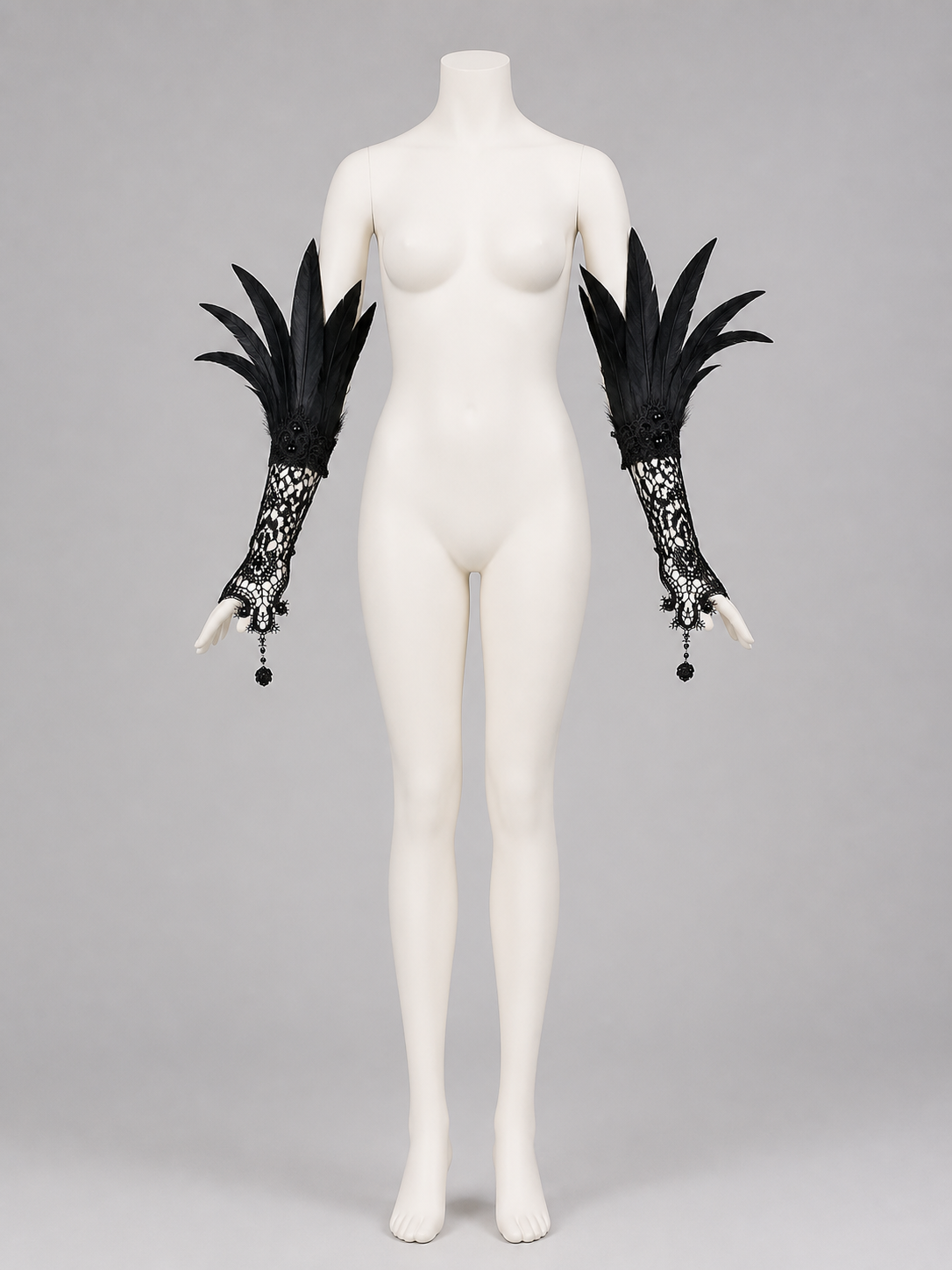 Black Lace Carnival Gloves with Feathers, Pair