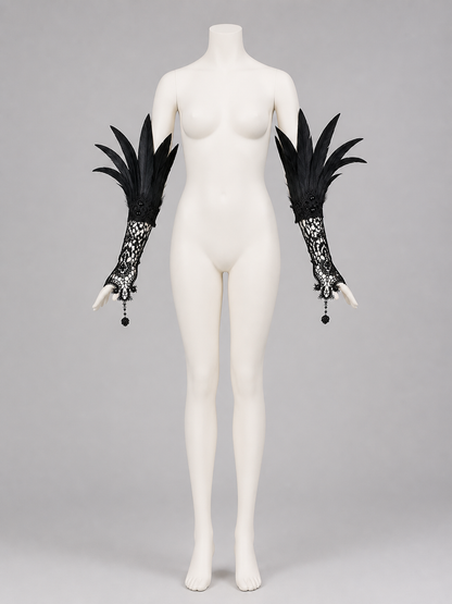 Black Lace Carnival Gloves with Feathers, Pair