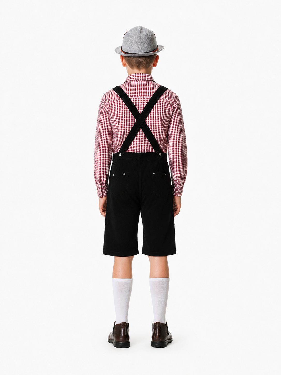 Bavarian Costume with Plaid Shirt and Shorts back view