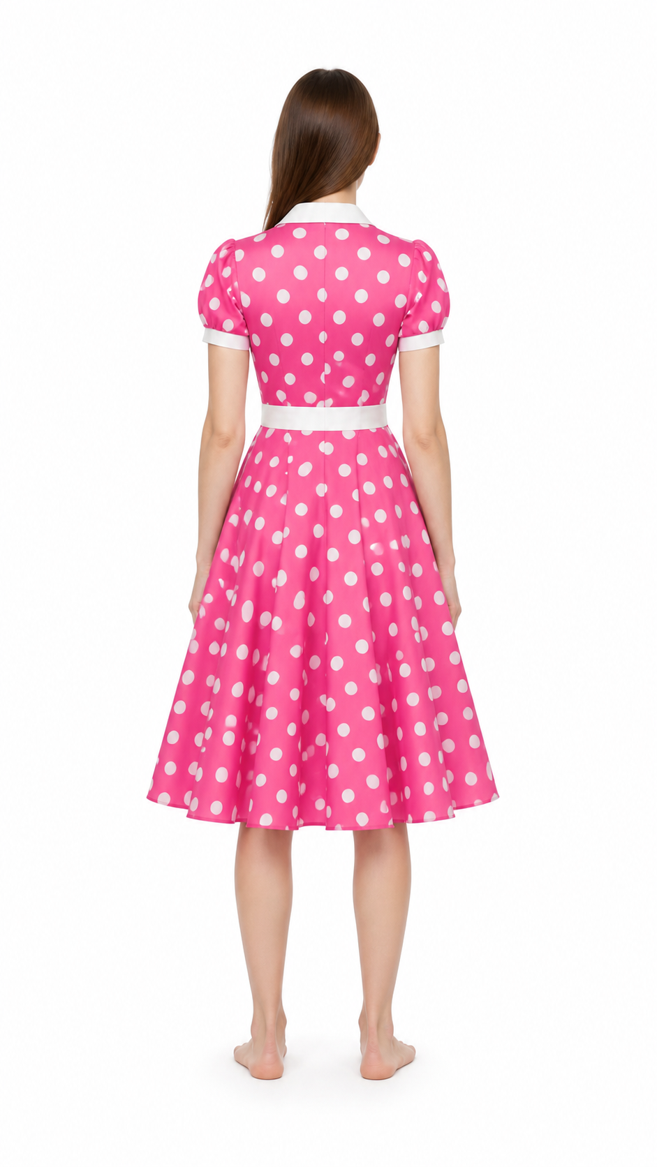 Polka-Dot Dress with a Turn-Down Collar and Bow back view