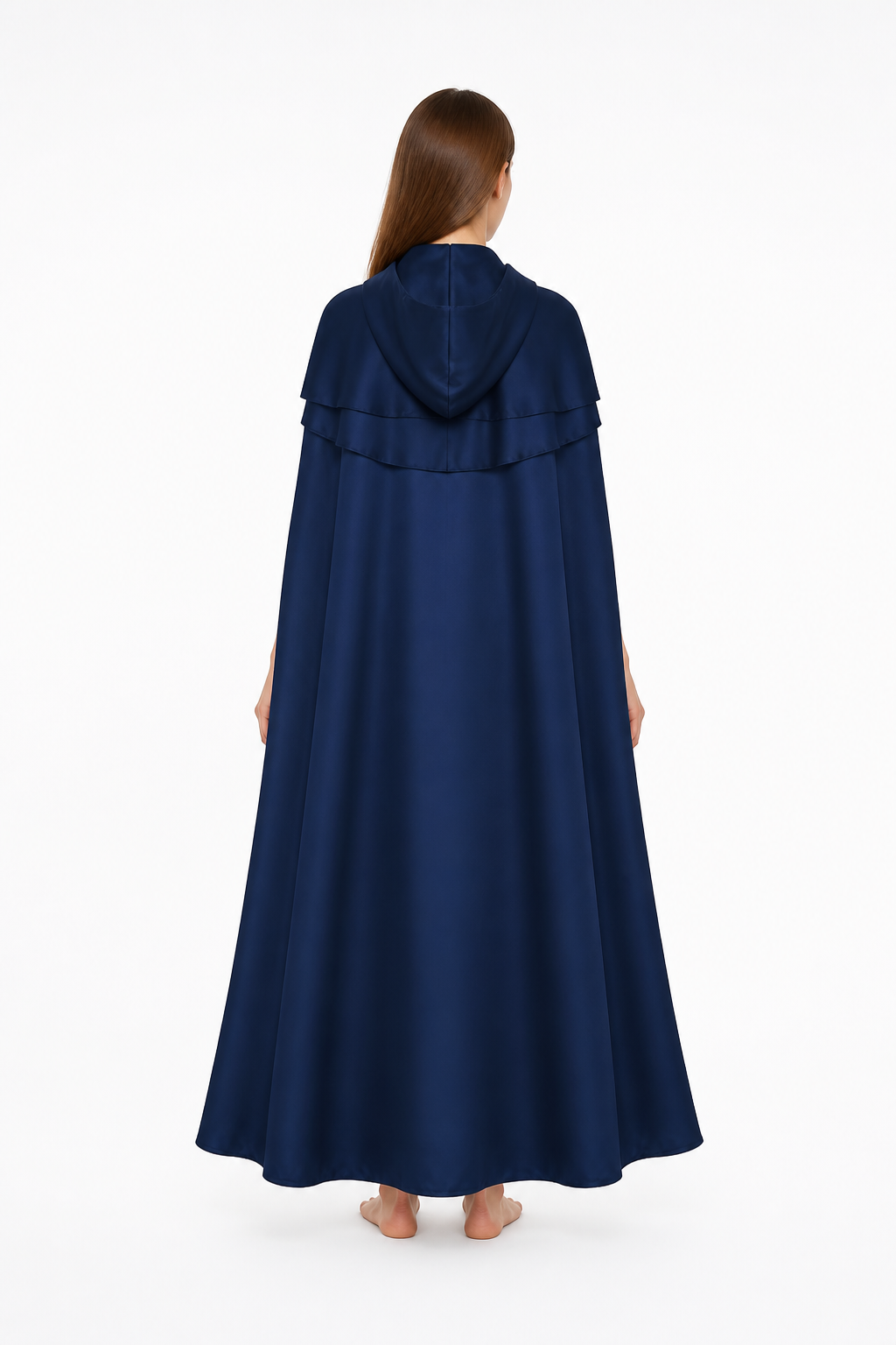 Long Hooded Cape, Dark Blue back view