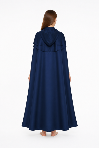 Long Hooded Cape, Dark Blue back view