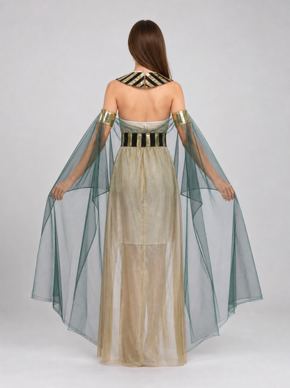 Women’s Egyptian Pharaoh Queen Halloween Cosplay Dress Set with Headpiece, Belt, Arm Accessories and Draped Sleeves for Stage Performance