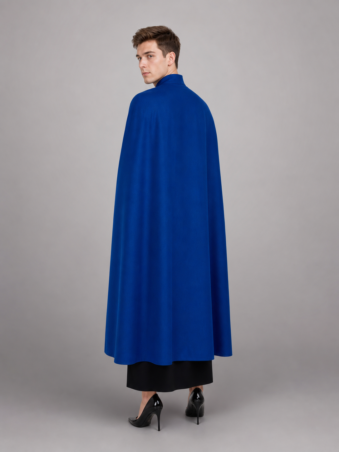This is a long blue straight-cut robe with long sleeves, a high stand collar