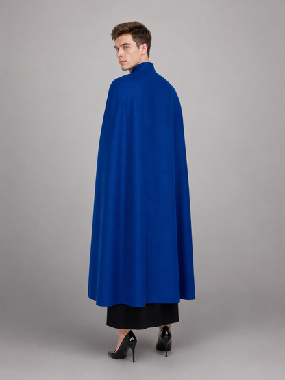 This is a long blue straight-cut robe with long sleeves, a high stand collar