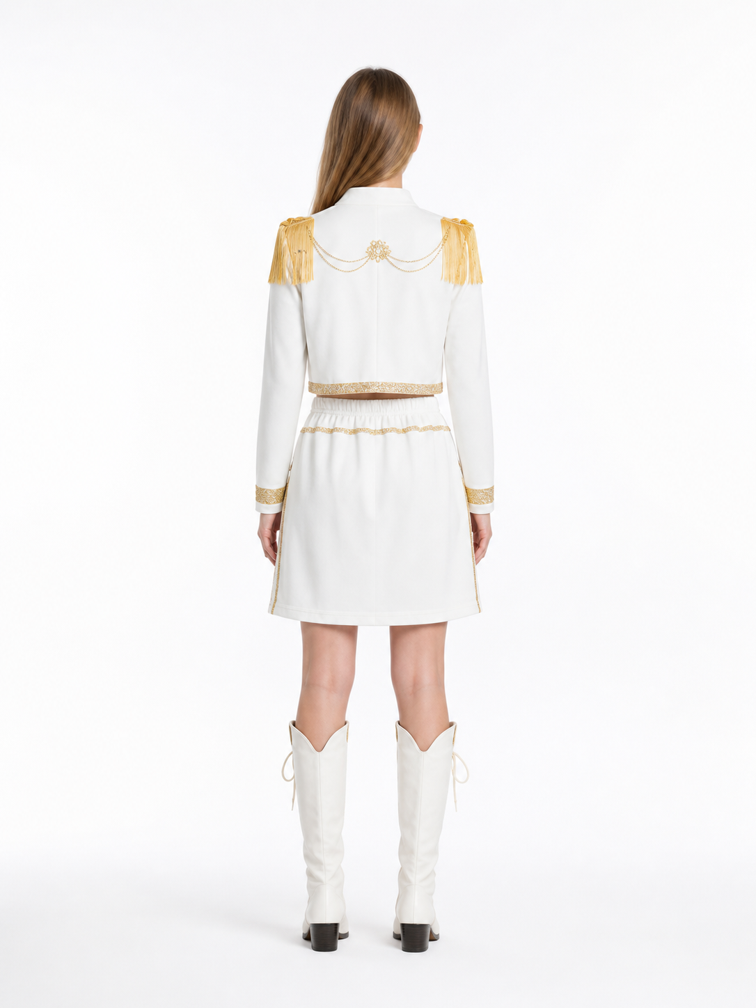 Three-Piece Stage Costume with Skirt and Gold Trim back view