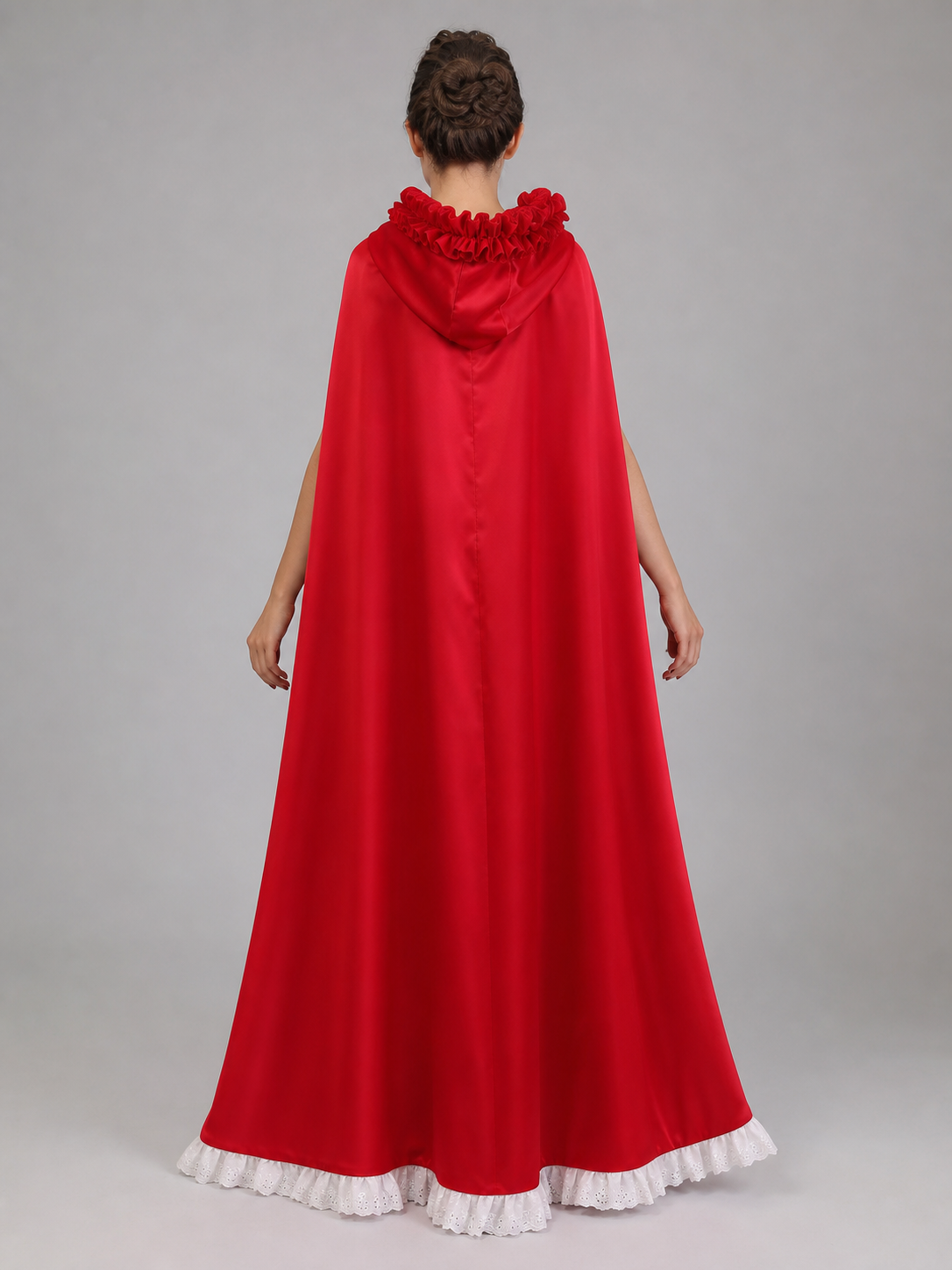 Red Riding Hood costume set designed as a dress with a cape, suitable for stage performances, festive dress-up, and themed cosplay. The set includes a costume combining a red dress with a full silhouette, a white apron-style front, and a re