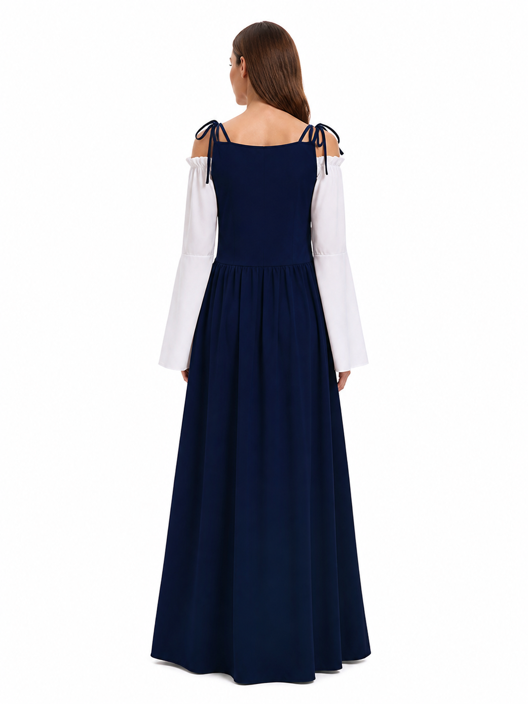 Medieval Dress with White Lacing, Blue and White, S–3XL back view