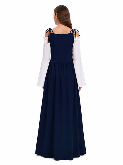Medieval Dress with White Lacing, Blue and White, S–3XL back view