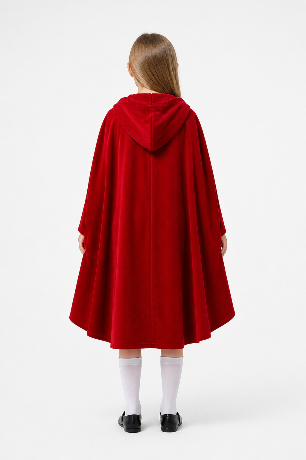Long Red Cape Cloak with a Pointed Hood back view