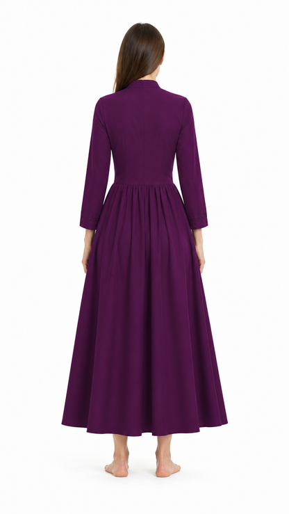 Long Purple Gothic Dress with Stand Collar back view