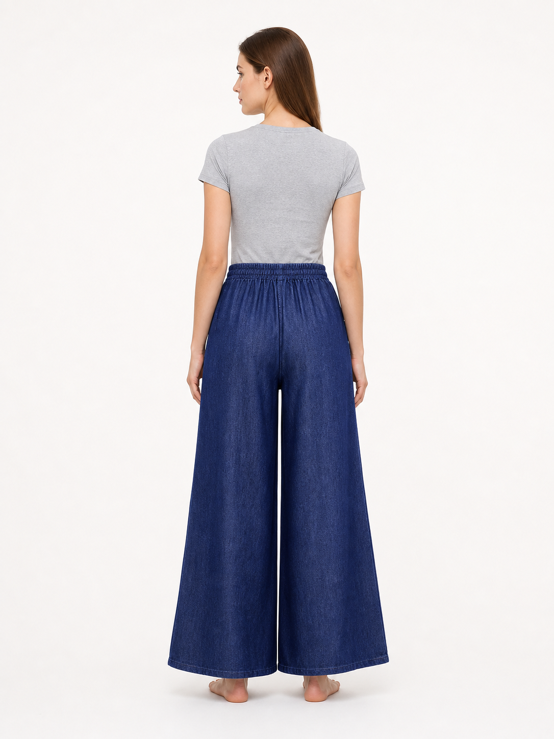 Dark Blue Palazzo Pants with an Elastic Waistband and White Drawstring back view 2