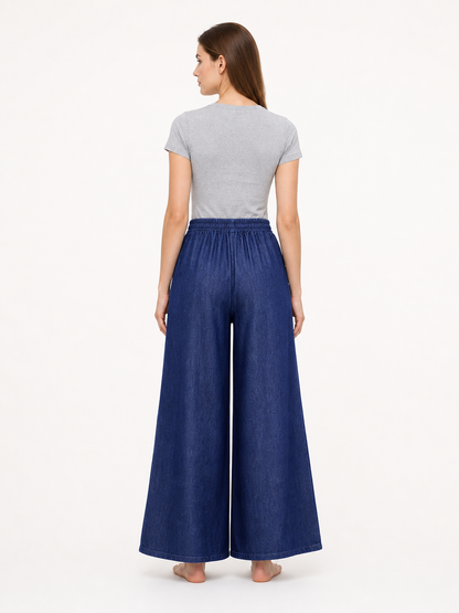 Dark Blue Palazzo Pants with an Elastic Waistband and White Drawstring back view 2