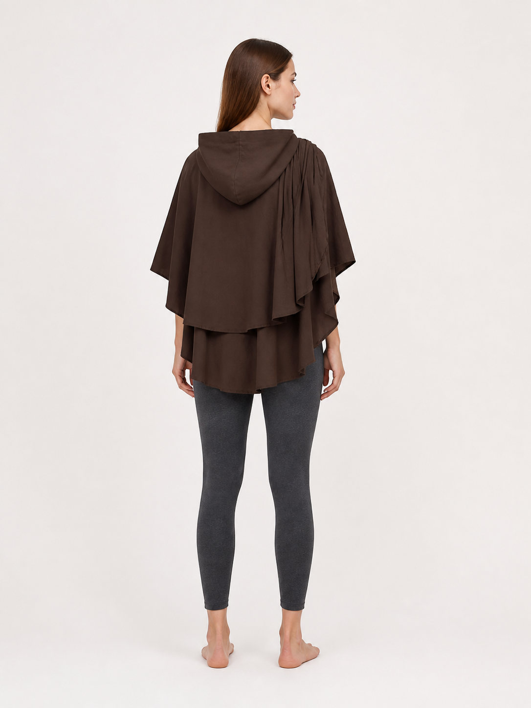 Women's Hooded Wanderer Cloak Costume with Layered Hem, Shoulder Draped Pleats back view 2