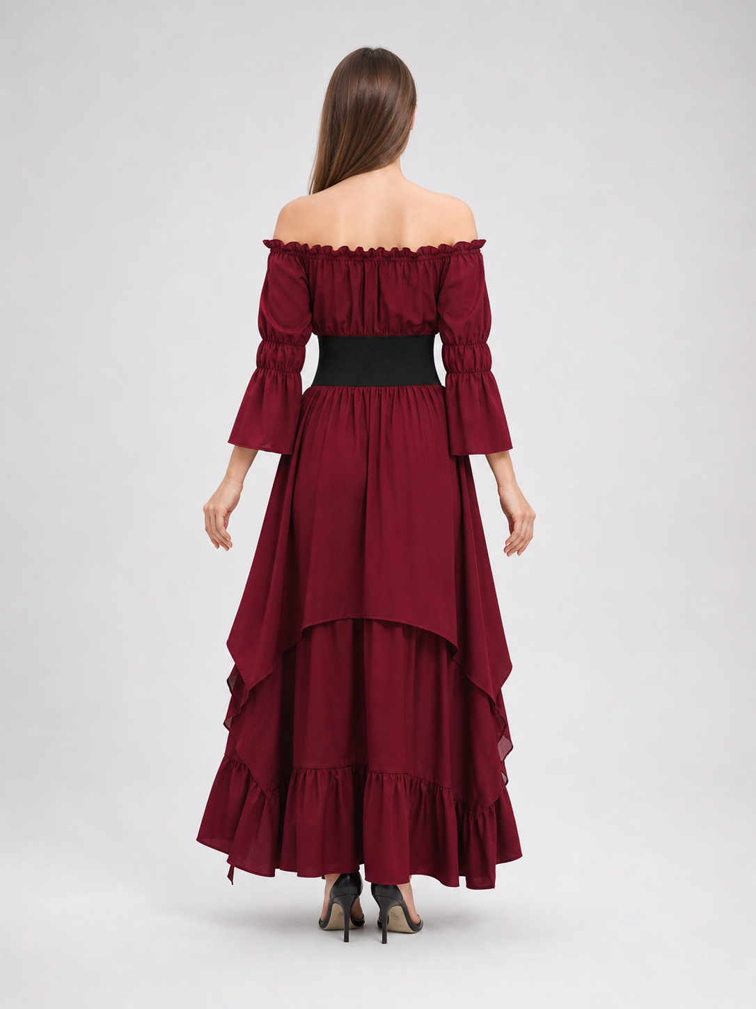 Burgundy Maxi Dress with Ruffles and Lace-Up Detail