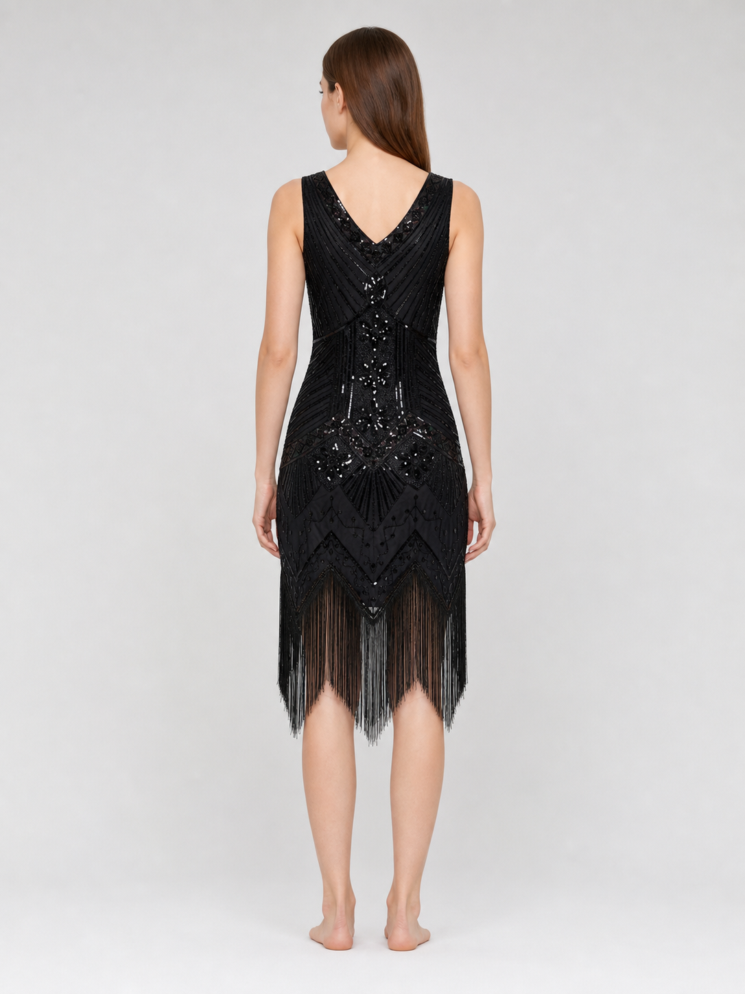 Black Art Deco flapper dress with fringe