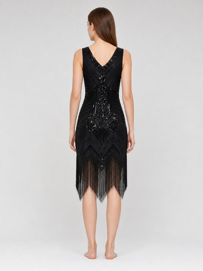 Black Art Deco flapper dress with fringe