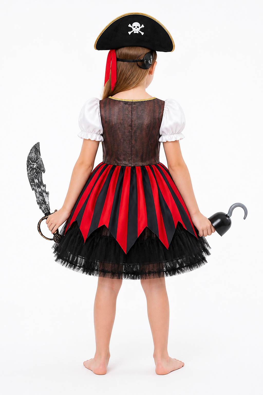 Pirate Costume with Red-and-Black Skirt and Hat back view