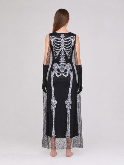 Gothic-style Halloween costume with dress and accessories: a black sleeveless