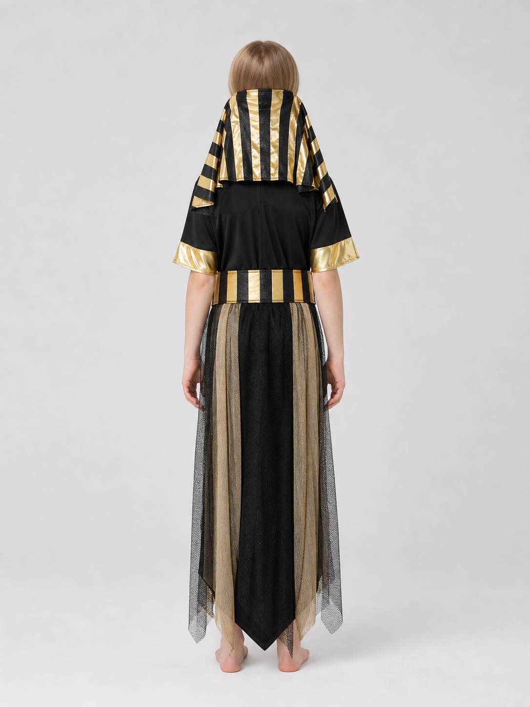 Adult Egyptian Pharaoh Costume Set, 4pcs Robe With Headdress Collar And Waist Belt, Black Gold Cosplay Outfit For Halloween Stage Performance