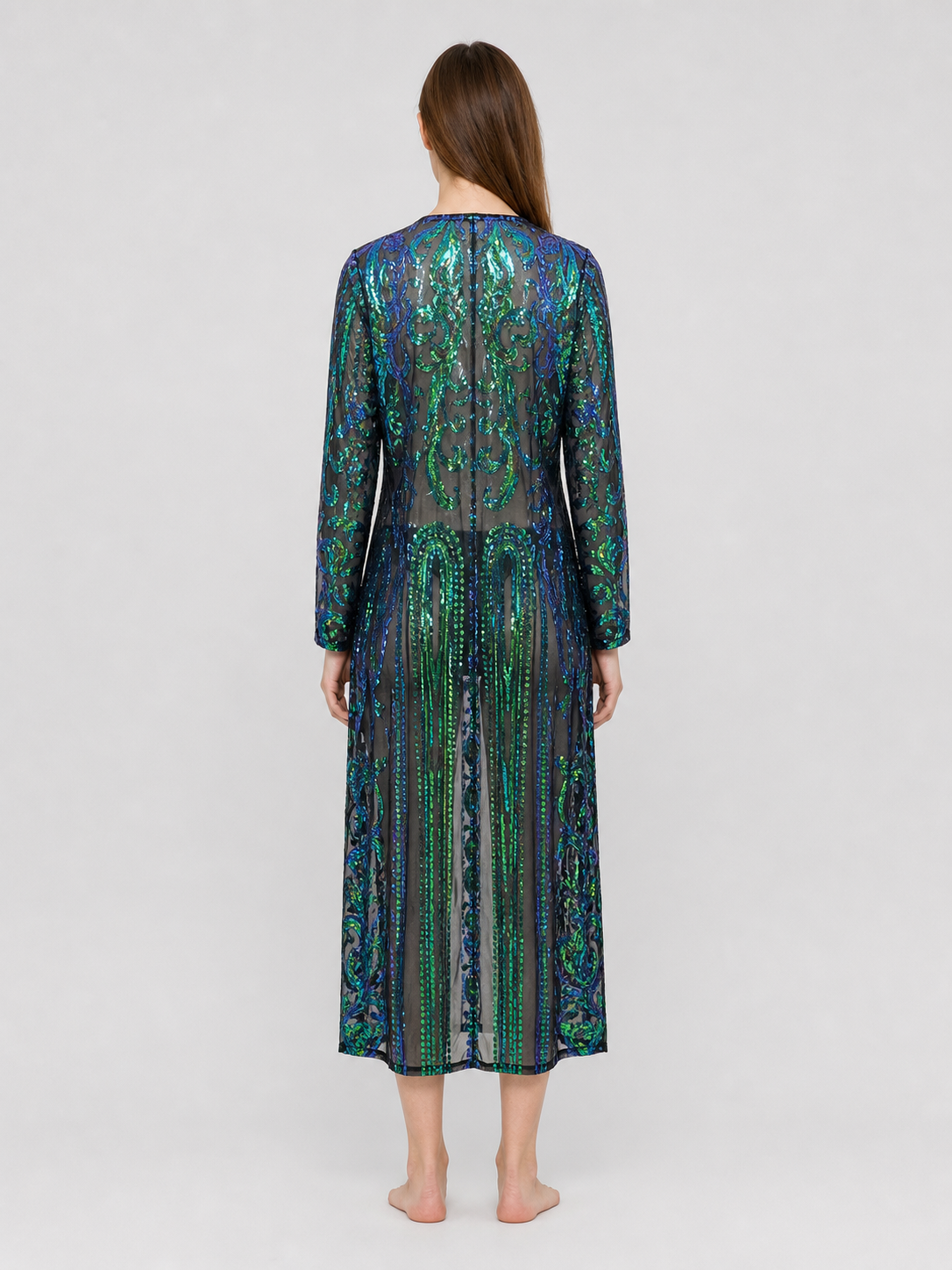Long Sequin and Embroidered Open-Front Cardigan