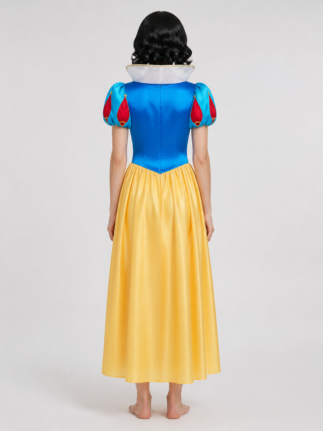 Black wavy cosplay wig with a side part back view