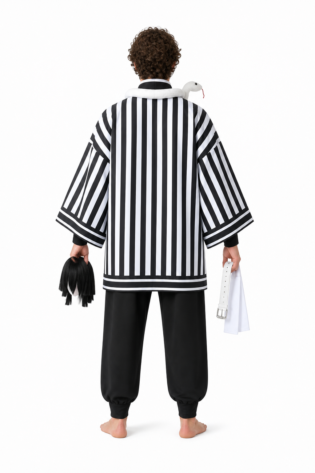 Obanai Iguro Cosplay Costume with Striped Kimono and Wig back view