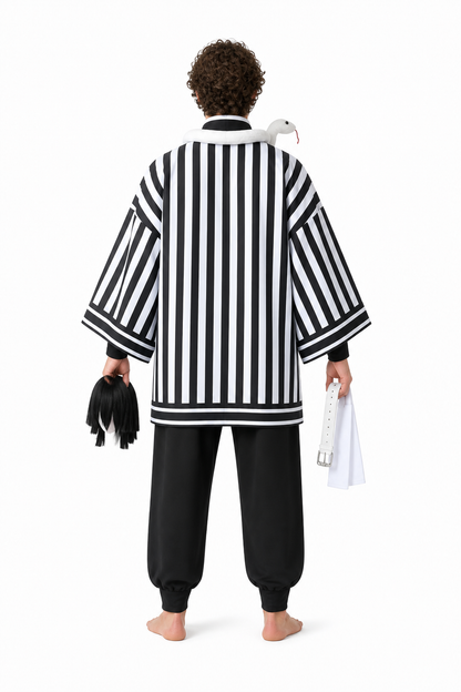 Obanai Iguro Cosplay Costume with Striped Kimono and Wig back view