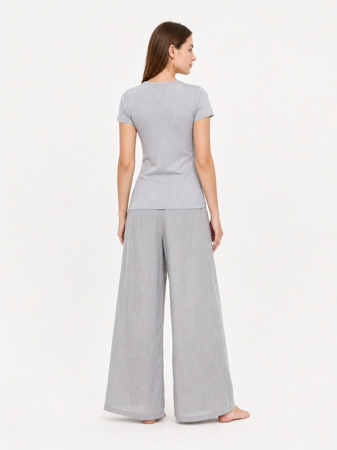 Gray wide-leg jeans with a drawstring and elastic waistband back view 2