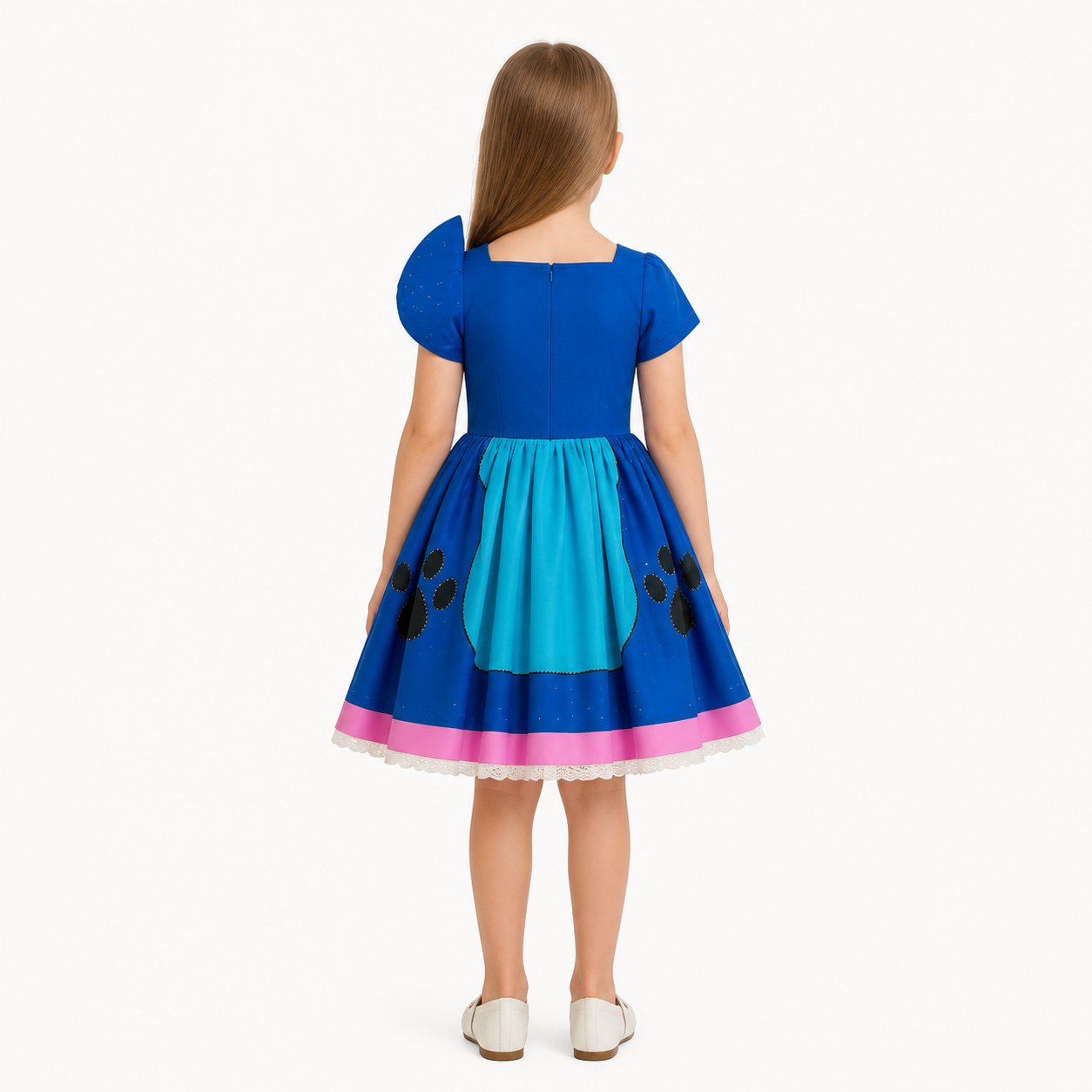 Blue Dress with Cartoon Character and Apron back view