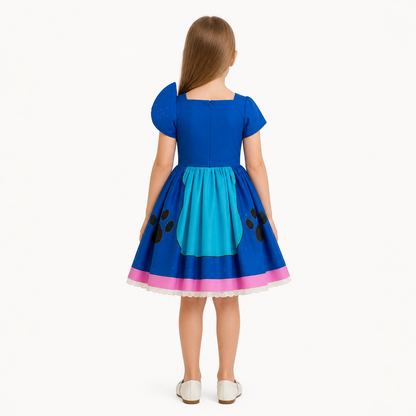 Blue Dress with Cartoon Character and Apron back view