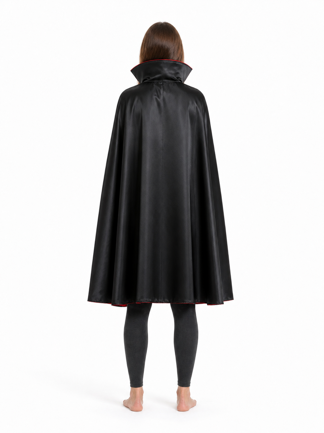 Long black hooded cape with red lining back view