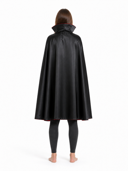 Long black hooded cape with red lining back view