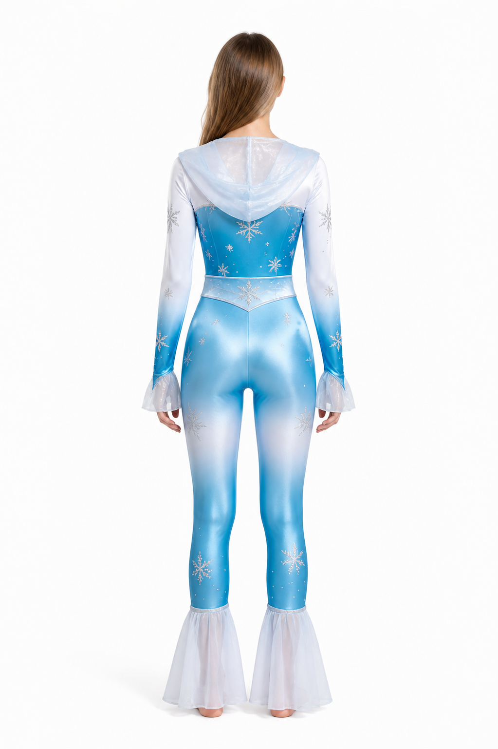 Hooded Flare-Leg Jumpsuit, Blue and White, Snowflakes back view